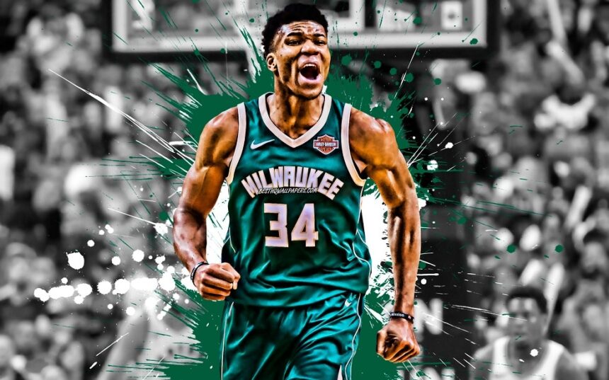 giannis antetokounmpo greek basketball player milwaukee bucks forward white green paint splashes