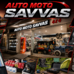 Βιτρίνα του καταστήματος Auto Moto Savvas στη Λαμία με προϊόντα για αυτοκίνητο, μοτοσικλέτα και κάμπινγκ