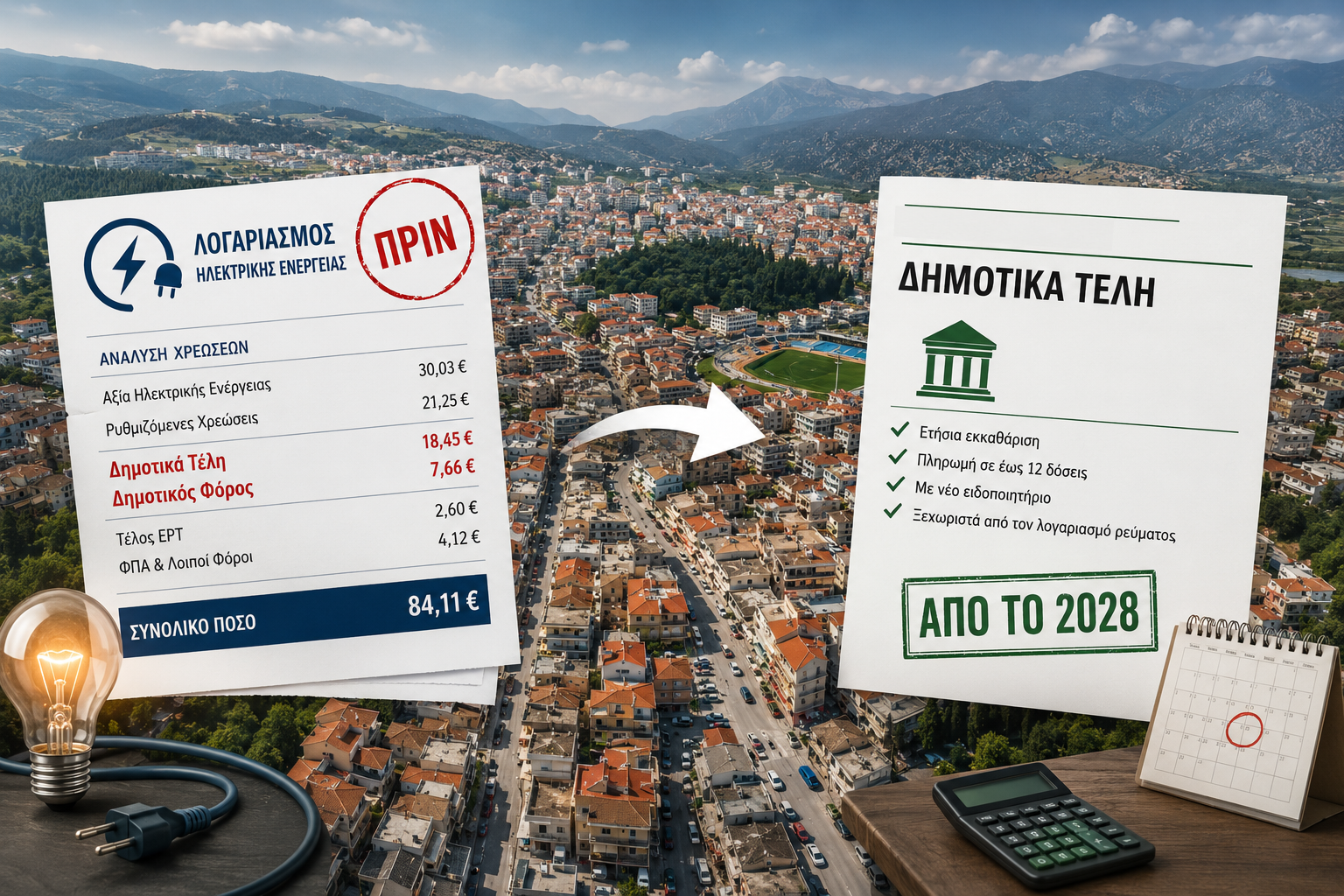 Λογαριασμός ηλεκτρικού ρεύματος με επιβαρύνσεις και δημοτικά τέλη