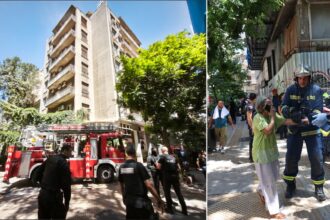Πυροσβεστικά οχήματα έξω από ξενοδοχείο στην πλατεία Κάνιγγος μετά τη φωτιά