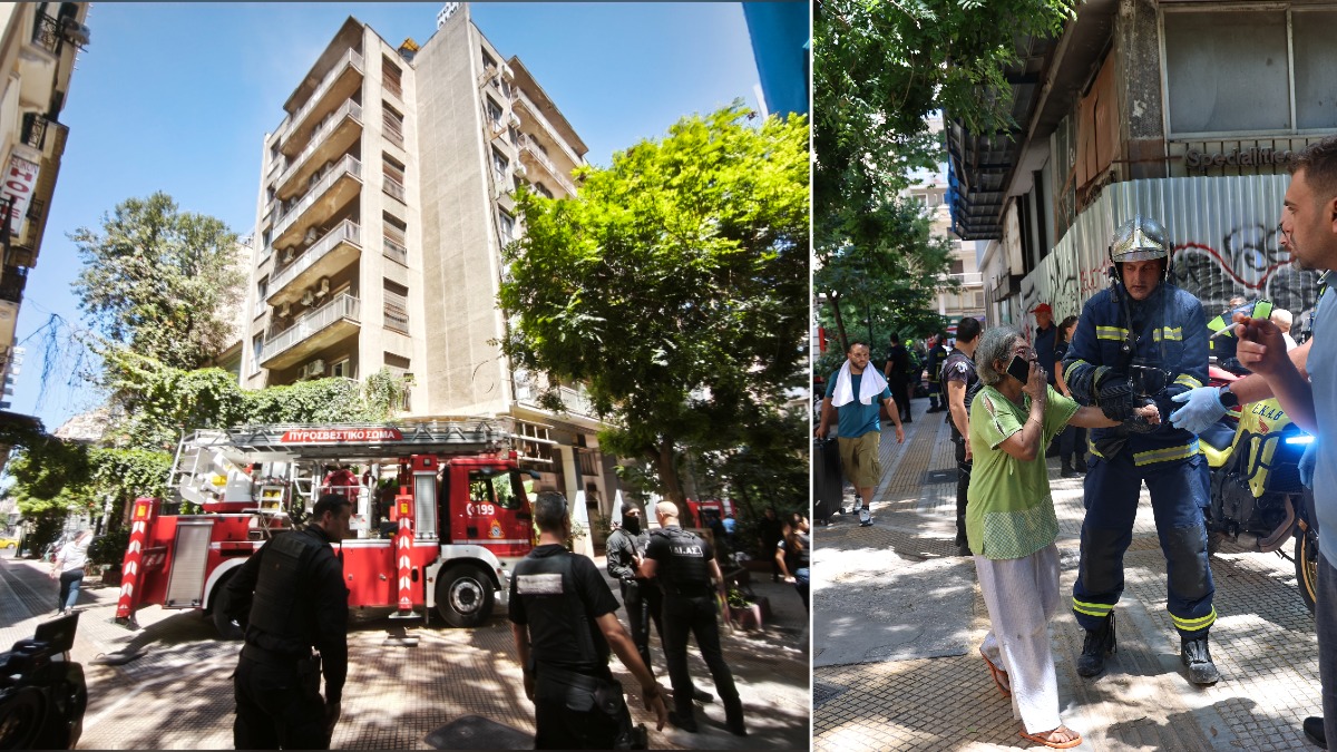 Πυροσβεστικά οχήματα έξω από ξενοδοχείο στην πλατεία Κάνιγγος μετά τη φωτιά