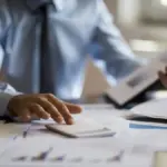 Χέρια μπροστά από υπολογιστή με τραπεζικό λογαριασμό και έγγραφα οφειλών