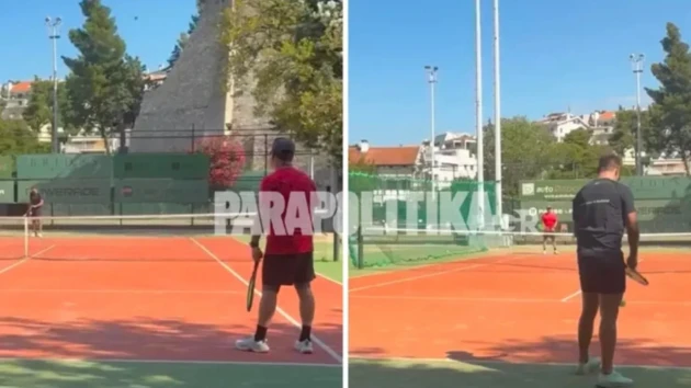 Ο Άδωνις Γεωργιάδης και ο Στέφανος Κασσελάκης στο γήπεδο του τένις
