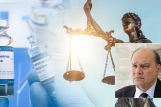 Φιαλίδιο εμβολίου Covid και σύριγγα πάνω σε λευκή επιφάνεια