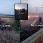 Πυροσβεστικά οχήματα επιχειρούν σε φωτιά κοντά στην έξοδο της Λαμίας, δίπλα σε πρατήριο καυσίμων