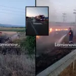 Πυροσβεστικά οχήματα επιχειρούν σε φωτιά κοντά στην έξοδο της Λαμίας, δίπλα σε πρατήριο καυσίμων