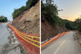 Κατολίσθηση και καθίζηση στον δρόμο προς την Καρυά Καμένων Βούρλων με χώματα και πέτρες στο οδόστρωμα