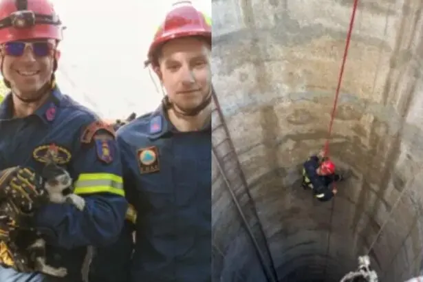 Στελέχη της ΕΜΑΚ επιχειρούν για τον απεγκλωβισμό γατακιού από πηγάδι στην Πάτρα