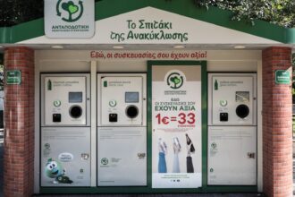 Σπίτι ανακύκλωσης έξω από σούπερ μάρκετ με σχετικό εξοπλισμό ανακύκλωσης