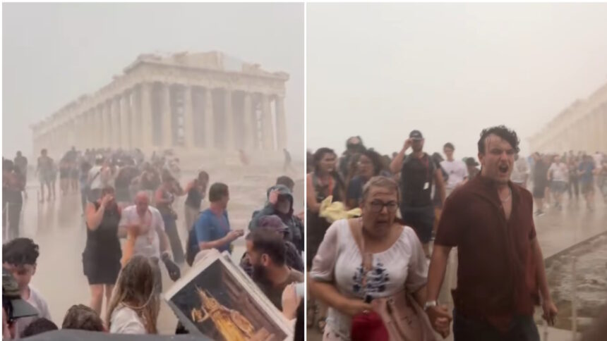 Τουρίστες στην Ακρόπολη τρέχουν για να προφυλαχθούν από την κακοκαιρία