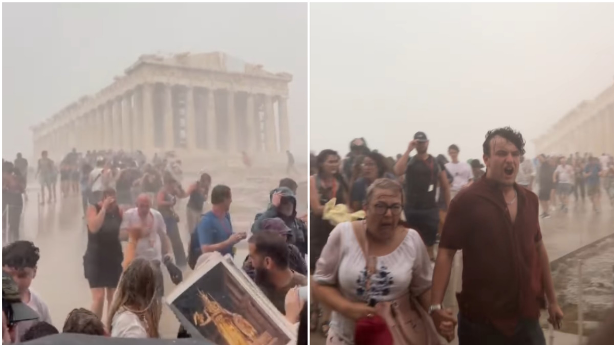 Τουρίστες στην Ακρόπολη τρέχουν για να προφυλαχθούν από την κακοκαιρία